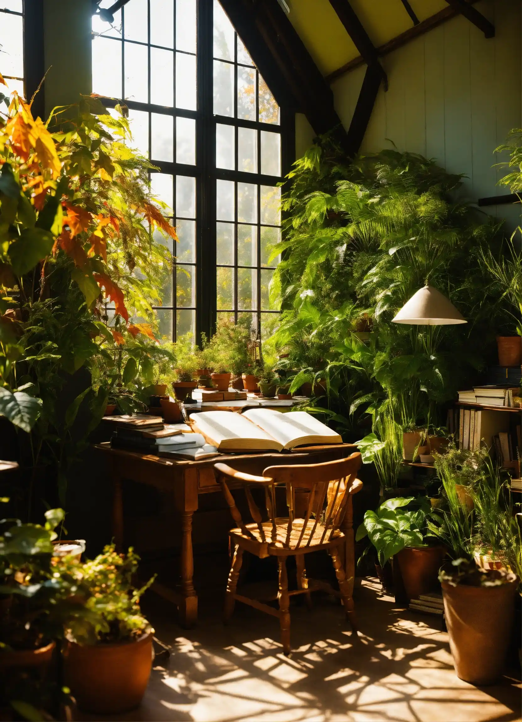 Een groene hoek met verschillende planten op verschillende hoogtes